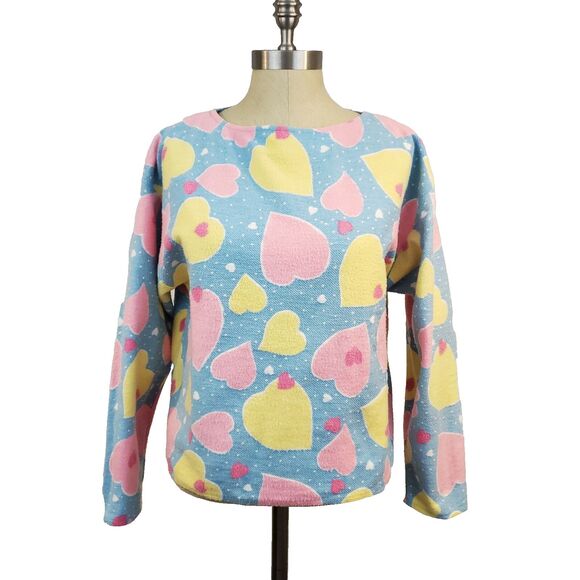 Vintage Gitano All Over Heart Print Sweater M Pink Blue Kidcore Pastel Anime 80s - Picture 1 of 10